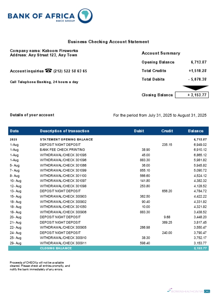 Download Bank of Africa business bank statement Word and PDF format (1) Photoshop template
